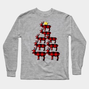 Christmas Custom Apparel, Christmas Tree Santas 8 Reindeer Funny Buffalo Plaid Tree Gift Shirt Long Sleeve T-Shirt